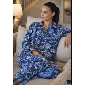 Lauren Ralph Lauren Womens Blue Paisley Pajama Set Button Front Long Sleeve M